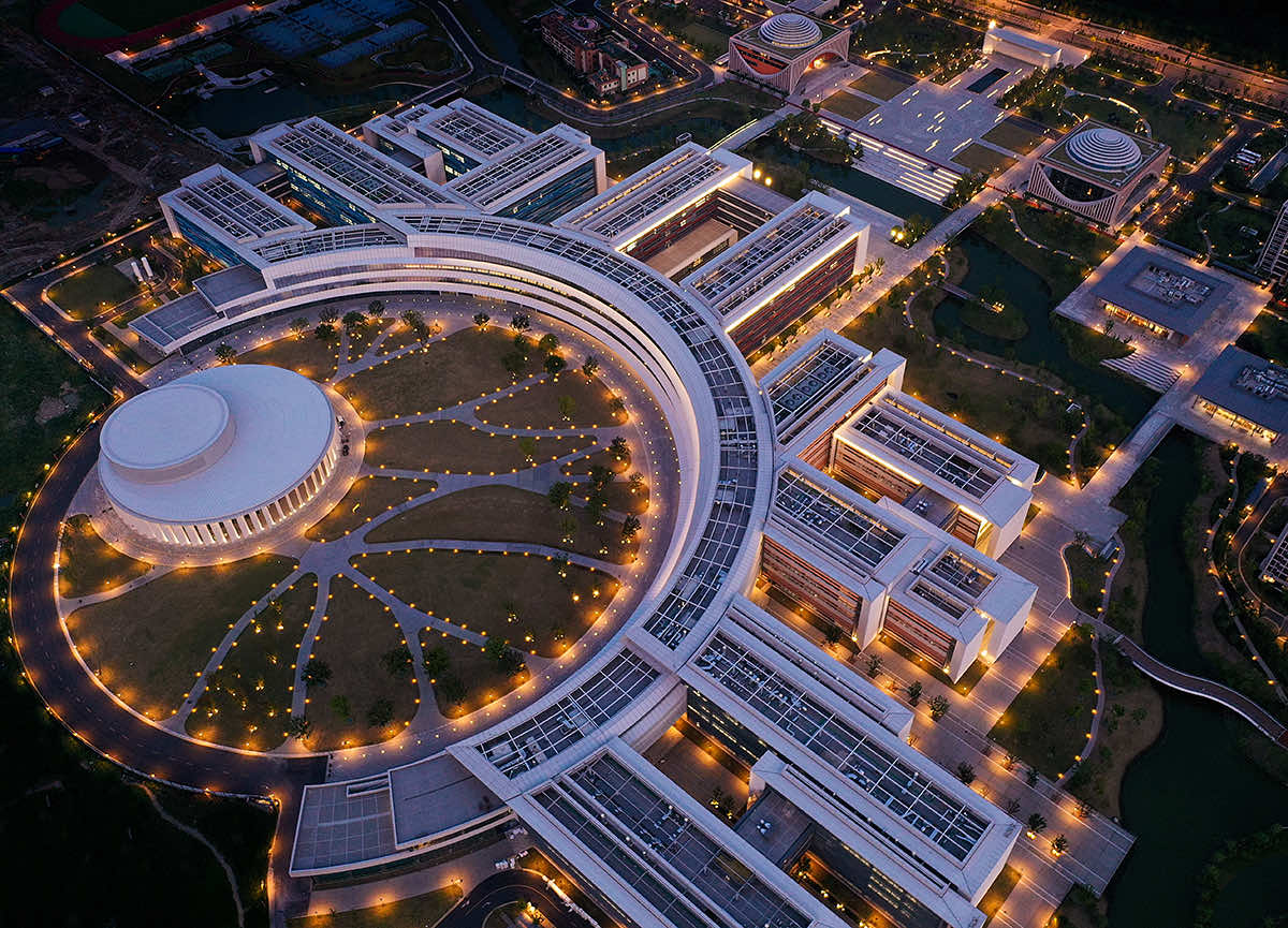 Aerial view of the Westlake University campus at dusk